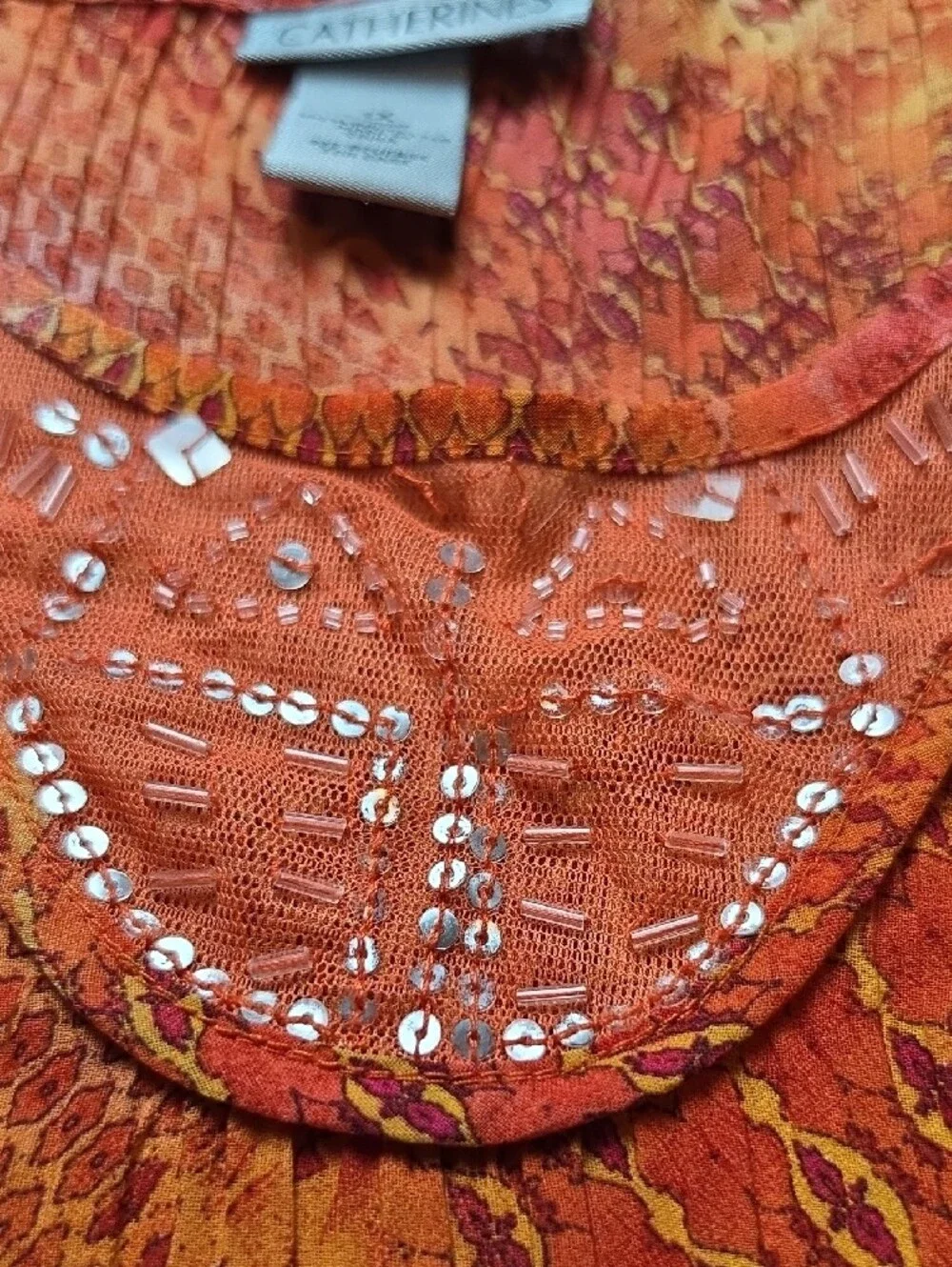 CATHERINES | Semi Sheer Crinkle Swing Blouse Beaded Bell Sleeve Orange | 1X
